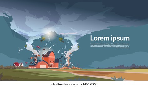 Twisting Tornado Destroying Farm Hurricane Landscape Of Storm Waterspout In Countryside Natural Disaster Concept Flat Vector Illustration