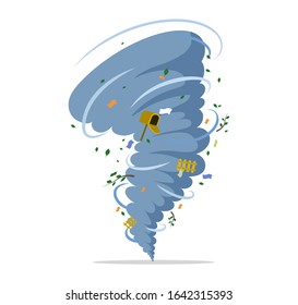 Twisting tornado with mailbox, trash, branches vector flat illustration isolated on white background. Natural disaster, hurricane or storm, cataclysm and catastrophe. Bad weather landscape concept.