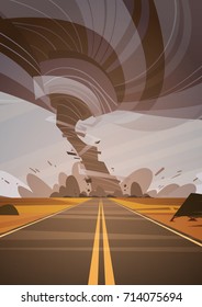 Twisting Tornado Over High Road Hurricane Landscape Of Storm Waterspout In Field Natural Disaster Concept Flat Vector Illustration