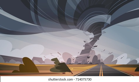 Twisting Tornado Over High Road Hurricane Landscape Of Storm Waterspout In Field Natural Disaster Concept Flat Vector Illustration