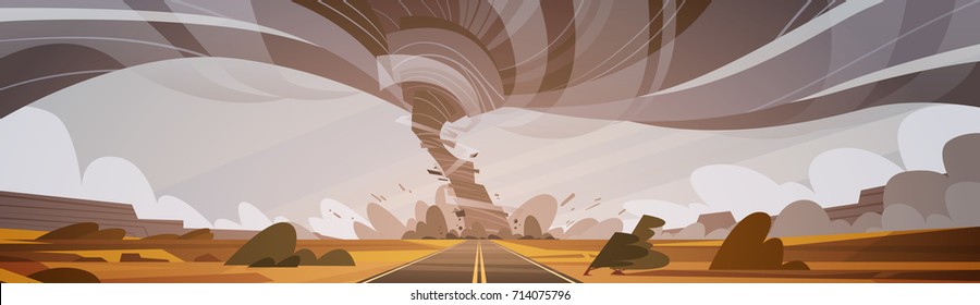 Twisting Tornado Over High Road Hurricane Landscape Of Storm Waterspout In Field Natural Disaster Concept Flat Vector Illustration