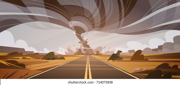 Tornado Por El Altísimo Paisaje De Huracán Por Carretera, El Surtido De Tormenta En El Campo Concepto De Desastre Natural Ilustración Vectorial