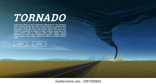 Twisting tornado or storm from sea hurricane in ocean. Realistic tropical natural disaster or cataclysm, catastrophe and crisis Background. Gale Whirlwind Landscape. Weather banner, poster or card.