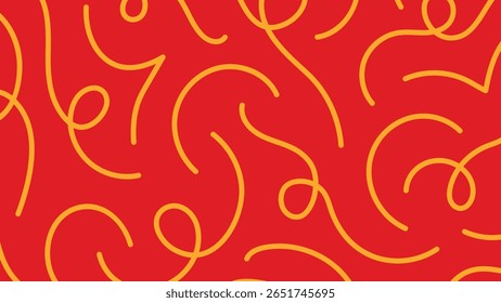 Twisting yellow curls dance across a powerful red surface, crafting a rhythmic and fun visual design full of movement and character.