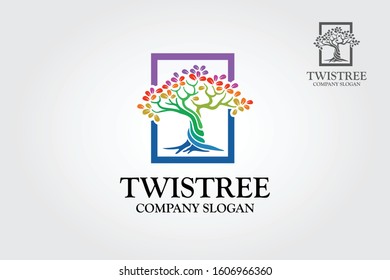 Twistree Logo Template. An illustration of two trunk twisting each other in a helix. Vector illustration rainbow tree. 