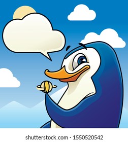 Рenguin twists a coin. Bird with bubble thought over sky background. Vector illustration