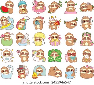 Twitch emote cute sloth vector icon. Funny baby sloth animal series stock illustration. Slow life of fluffy sloth designs.