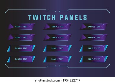 Twitch panel set of modern blue-purple gaming panels for live streamers. Design alerts and buttons for streaming. 16:9 and 4:3 screen resolution. Stream panels for twitch web