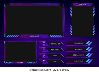 Plantilla de panel de superposición de flujo de Twitch con tema de neón. Interfaz de pantalla de streaming digital. Transmisión de video en vivo. Vector