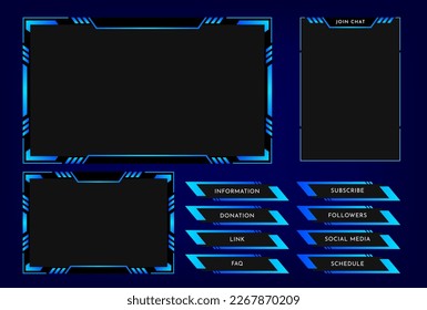 Plantilla de panel de superposición de flujo de Twitch con tema azul. Interfaz de pantalla de streaming digital. Transmisión de video en vivo. Vector