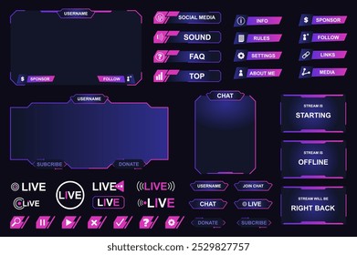 Elementos mega set da interface de streaming Twitch em design gráfico plano. Coleção objetos de estilo neon brilho jogo online e vídeo stream menu com botões, barras, huds, informação. Ilustração vetorial.