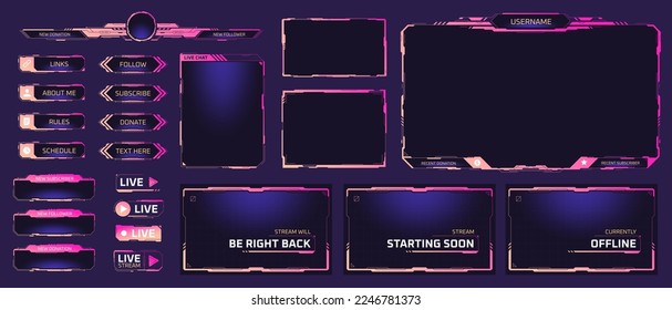 Twitch streaming interface. Stream overlay screens future theme neon design, online game live camera frame digital facecam panel for cyber gamers and streamers, vector illustration of panel to stream