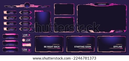 Twitch streaming interface. Stream overlay screens future theme neon design, online game live camera frame digital facecam panel for cyber gamers and streamers, vector illustration of panel to stream