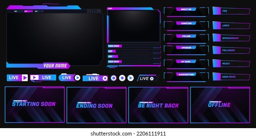 Twitch streaming overlay design with panels and alerts