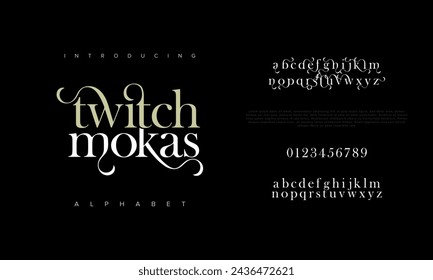 Twitchmokas premium luxury elegant alphabet letters and numbers. Elegant wedding typography classic serif font decorative vintage retro. Creative vector illustration