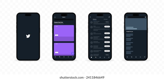 Twitter X interface icons. Editorial Twitter X interface. Social media pages mockup template. iPhone screen template. Twitter X interface mockup. Social media. Smartphone screen. Vector icons