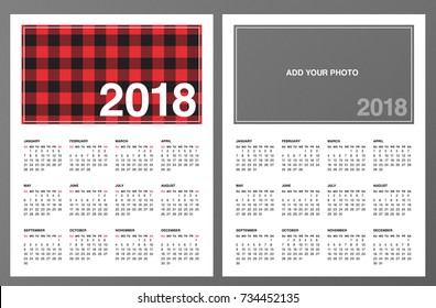 Two 2018 Calendar Templates: Lumberjack patterned frame and "Add your own photo". Week starts on Sunday. Red black buffalo check plaid pattern swatch is included. Printable Letter size pages 8.5"x11"