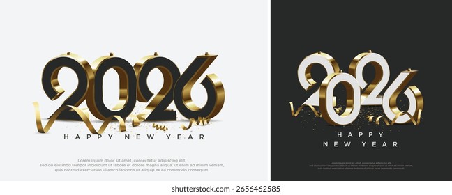 Two 2026 happy new year designs on white and black backgrounds.