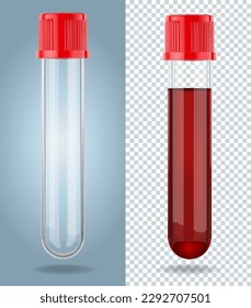 Dos tubos de ensayo de vidrio transparente tridimensional con tapa roja. Un tubo de ensayo con líquido rojo. Ilustración vectorial.