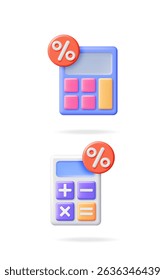 Dois ícone da calculadora 3d com sinal de porcentagem e operações matemáticas. Conceito para cálculo financeiro, desconto de venda ou taxa de empréstimo.