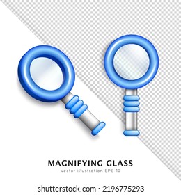 Two 3d Cartoon Glossy Magnifiers. Bright Blue Magnifying Glasses With Silver Metal Handle. Glossy Toy Of Loupe, Reading Glass, Optical Microscope, Zoom Tool