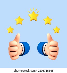 Two 3D cartoon hands show a gesture thumb up for success or good feedback. Five star rating. Positive concept and like symbol. Customer review rating and client feedback concept. Vector illustration