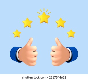 Two 3D cartoon hands show a gesture thumb up for success or good feedback. Five star rating. Positive concept and like symbol. Customer review rating and client feedback concept. Vector illustration