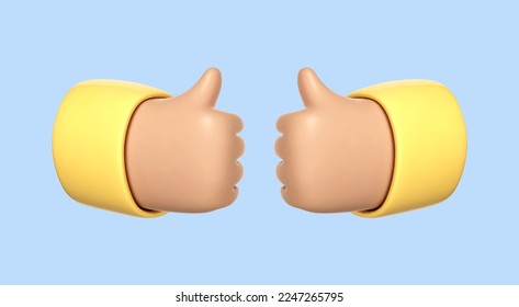 Zwei 3D-Cartoon-Hände zeigen einen GestenDaumen einzeln auf blauem Hintergrund. Hand Daumen hoch oder wie Schild. Vektorgrafik 3D