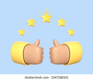 Two 3D cartoon hands show a gesture thumb up for success or good feedback. Five star rating. Positive concept and like symbol. Customer review rating and client feedback concept.