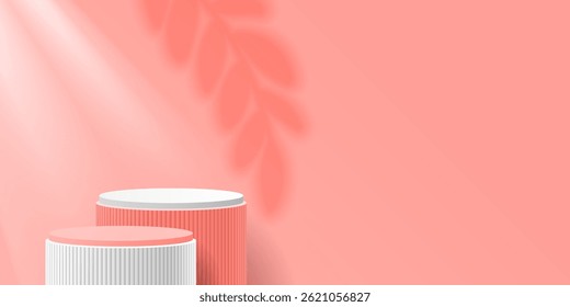 Two 3d catwalks in pink tones with a shadow from a plant. The stage is illuminated by sunlight.
