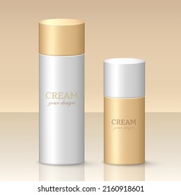 Two 3d Cosmetic Bottles In Gold And White Style. Skincare Product Mockup For Logo Design. Plastic Cosmetic Containers. Vector Spray, Perfume, Dispenser, Deodorant Template