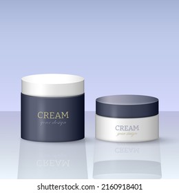 Two 3d cream jars with lids. Rounded blue and white cosmetic containers for creme, lotion, moisturizer, gel. Vector cosmetic package template. 