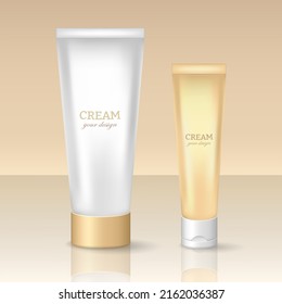 Two 3d Cream Tubes In Gold And White Style. Skincare Product Mockup For Logo Design. Plastic Cosmetic Containers For Creme, Tooth Paste, Lotion, Moisturizer, Gel, Etc. Vector Cosmetic Package Template