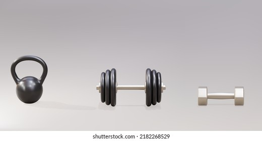 Two 3d dumbbells and a kettlebell on a gray background. Vector illustration.