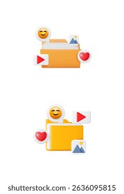 Two 3d folder icons symbolizing organized files and data sharing with multimedia content. Concept of digital storage and social media management.