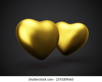 Two 3D glamorous golden heart on black background. Concept of love, marriage or romantic relationships. Happy Valentines or Golden Wedding anniversary greeting card. Vector illustration.