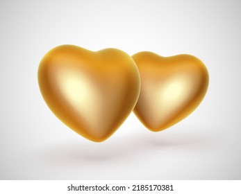 Two 3D golden hearts on white background. Concept of human relationships or wedding ceremony: lovers hearts made of gold. Greeting postcard for Valentines Day. EPS 10, vector illustration.