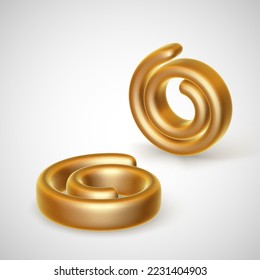 Two 3D golden springs on light background. Glamorous and luxury golden decoration element. Vector illustration of abstract geometric shape.