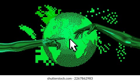 Two 3D hands about to touch each other and a globe on a pixelated glitchy background. The concept of communication in web space.