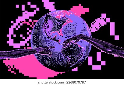 Two 3D hands about to touch each other and a globe on a pixelated glitchy background. The concept of communication in web space.