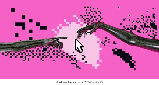 Two 3D hands going to touch together on a pixelated glitched background. 