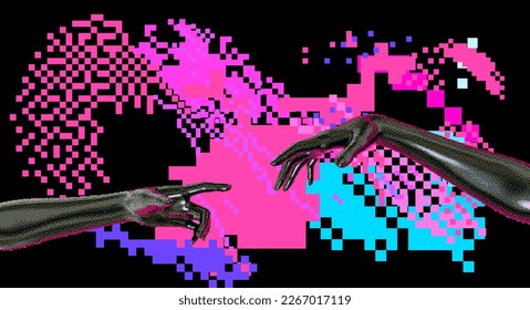 Two 3D hands going to touch together on a pixelated glitched background. 