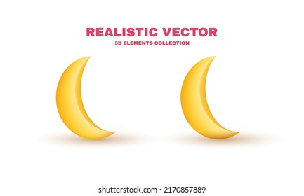 two 3d icon cute yellow moon cartoon concept isolated on background.Trendy and modern vector in 3d style.