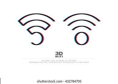 two 3d illusion wireless icons and wifi logo. vector radio wave stereoscopic symbol. free internet connection zone, wifi sign. anaglyph technology concept logotype. three-dimensional distortion wi-fi