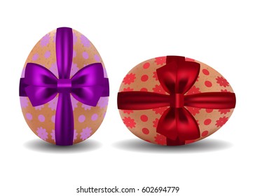 Two 3d isolated vector realistic brown easter eggs.  Easter egg decorated with fiolet and red ribbon with bow