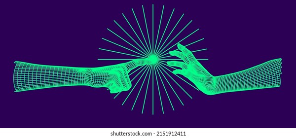 Two 3D low-poly hands made of polygonal wireframe.