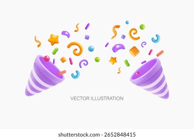 Dois poppers de festa 3D com confetes coloridos explodindo