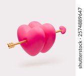 Two 3D pink hearts with golden arrow love icon. Two realistic vector balloon hearts piercing cupid arrow. Cute symbol of love, romantic concept, loving couple relationship element isolated on white