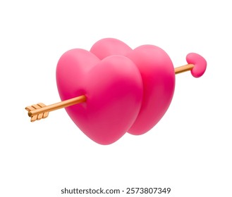 Two 3D pink hearts with golden arrow love icon. Two realistic vector balloon hearts piercing cupid arrow. Cute symbol of love, romantic concept, loving couple relationship element isolated on white