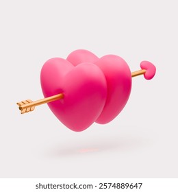 Two 3D pink hearts with golden arrow love icon. Two realistic vector balloon hearts piercing cupid arrow. Cute symbol of love, romantic concept, loving couple relationship element isolated on white
